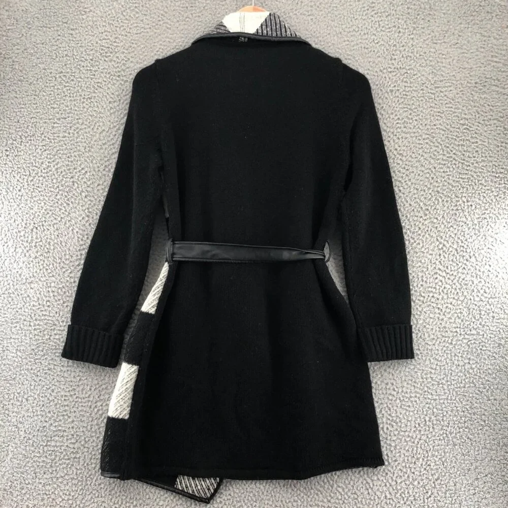Chicos Sweater Women 1 US Medium Charlene Black Gingham Wool Blend Cardigan Belt - Picture 3 of 11